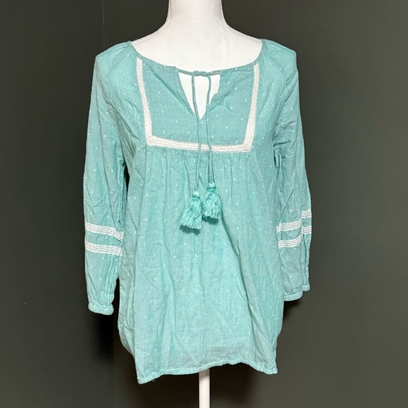 St. John's Bay Tops - St. John’s Bay Boho Peasant Blouse Aqua Blue Small Tassel Tie Top cottagecore